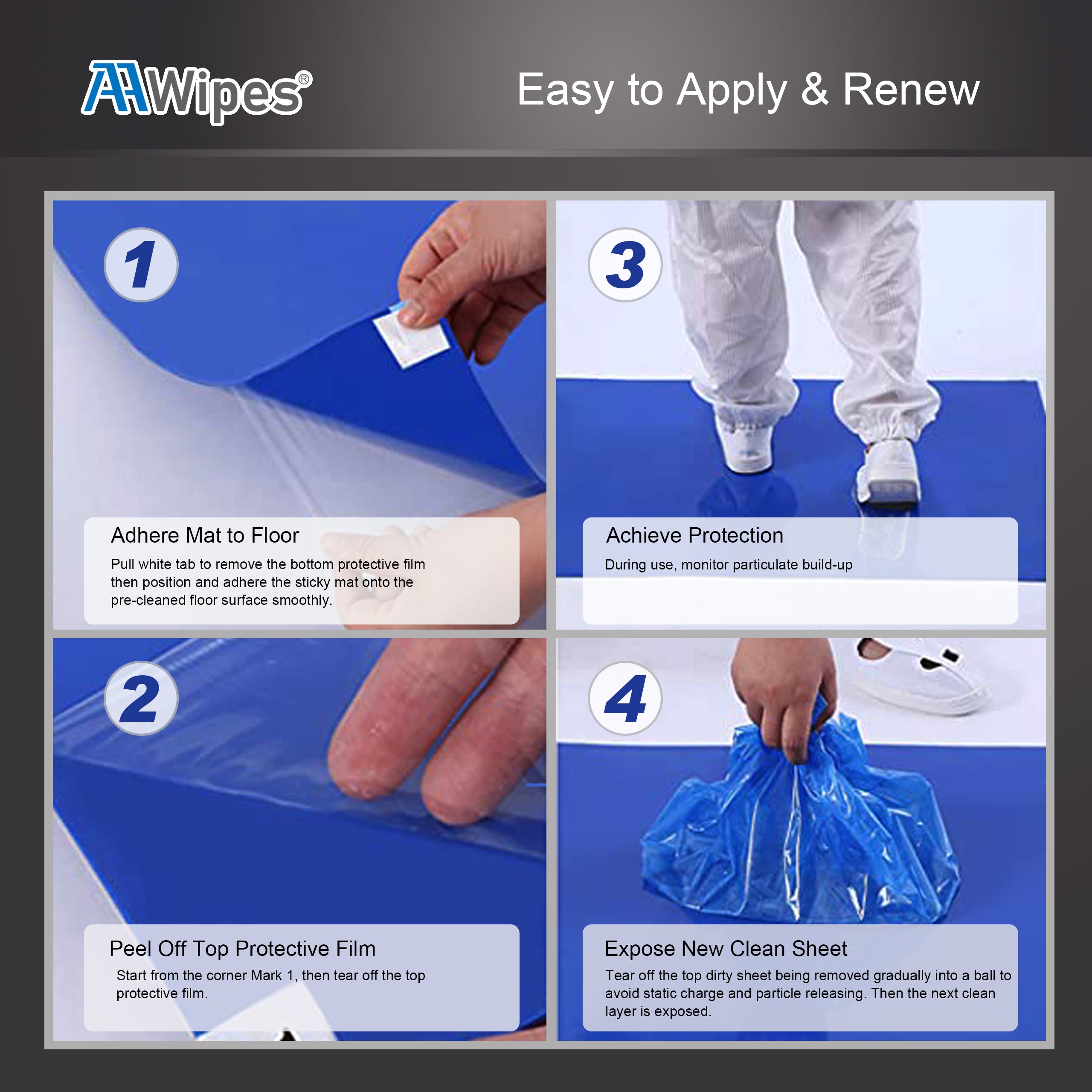 Clean Room Sticky Mats 36 x 45 (4 Pads, 30 Sheets per Pad) - Blue