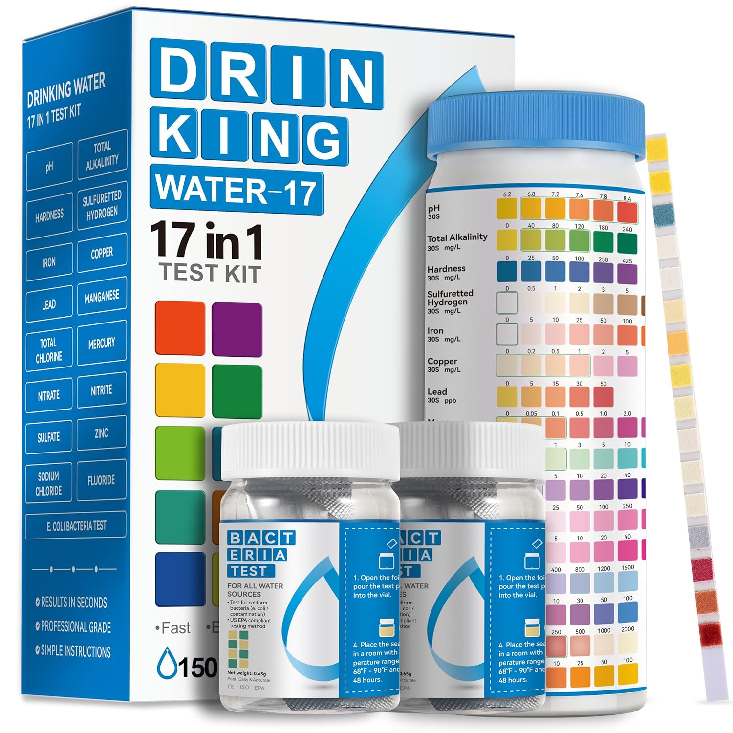 Complete Water Testing Kits for Drinking Water 150 Strips + 2 Bacteria Tester Kits 17 in 1 Well, Tap, Drinkling Water, City Water Testing Strips (K03-1500)