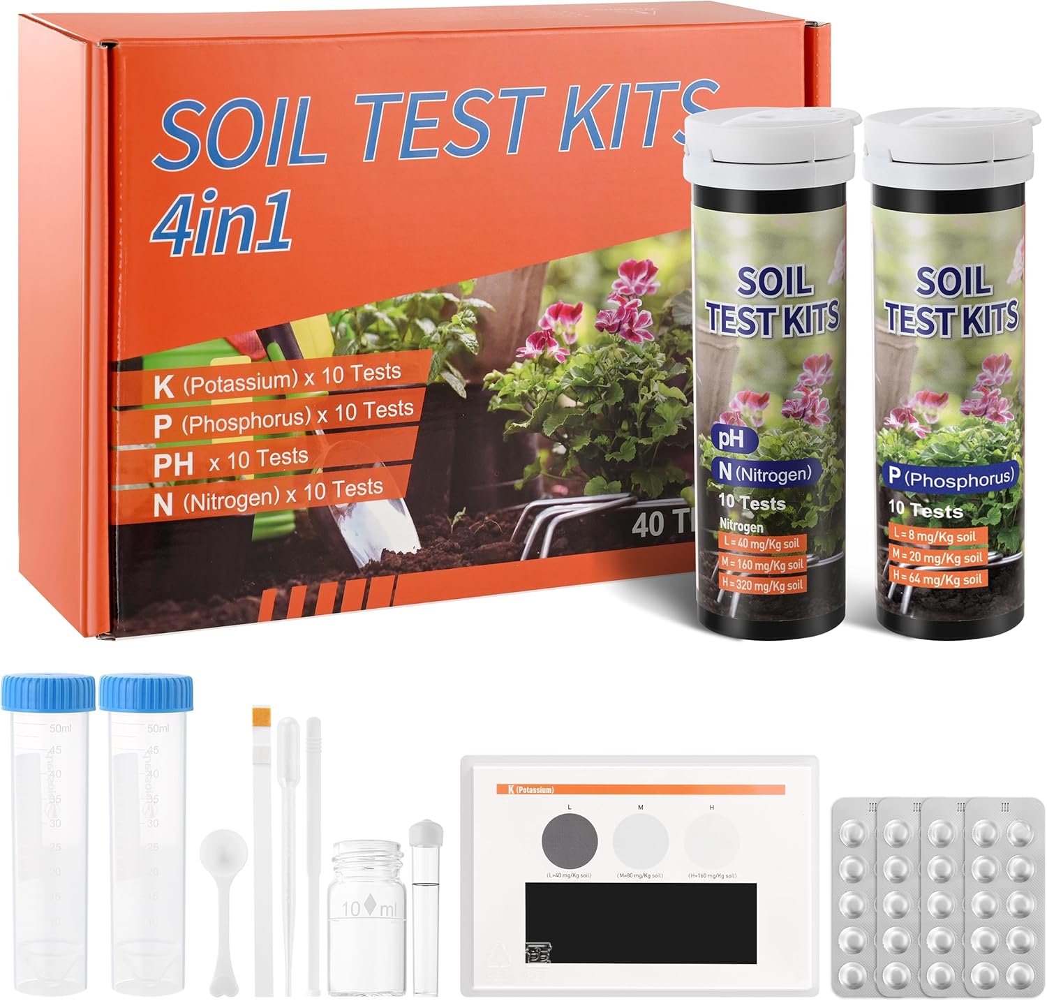 Soil Test Kit 4-in-1 Soil Testing Kit- 40 Tests Gardening for pH Nitrogen Phosphorus & Potassium for Vegetables Garden Nutrients( J04-40，statting from 1000 strips for 10 bottles)