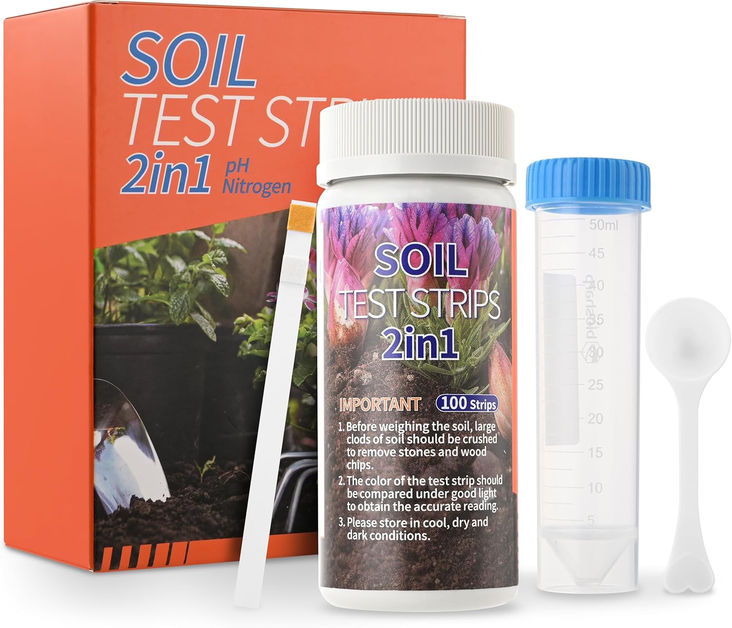 Soil pH &amp; Nitrogen Test Kits 2 in 1 Soil Testing Kits with Test Tube 100 Pcs Test Soil for Garden Lawn Grass Flower Vegetable Compost Nutrients Plants（J02-1000, Starting from 1000 strips for 10 bottles）