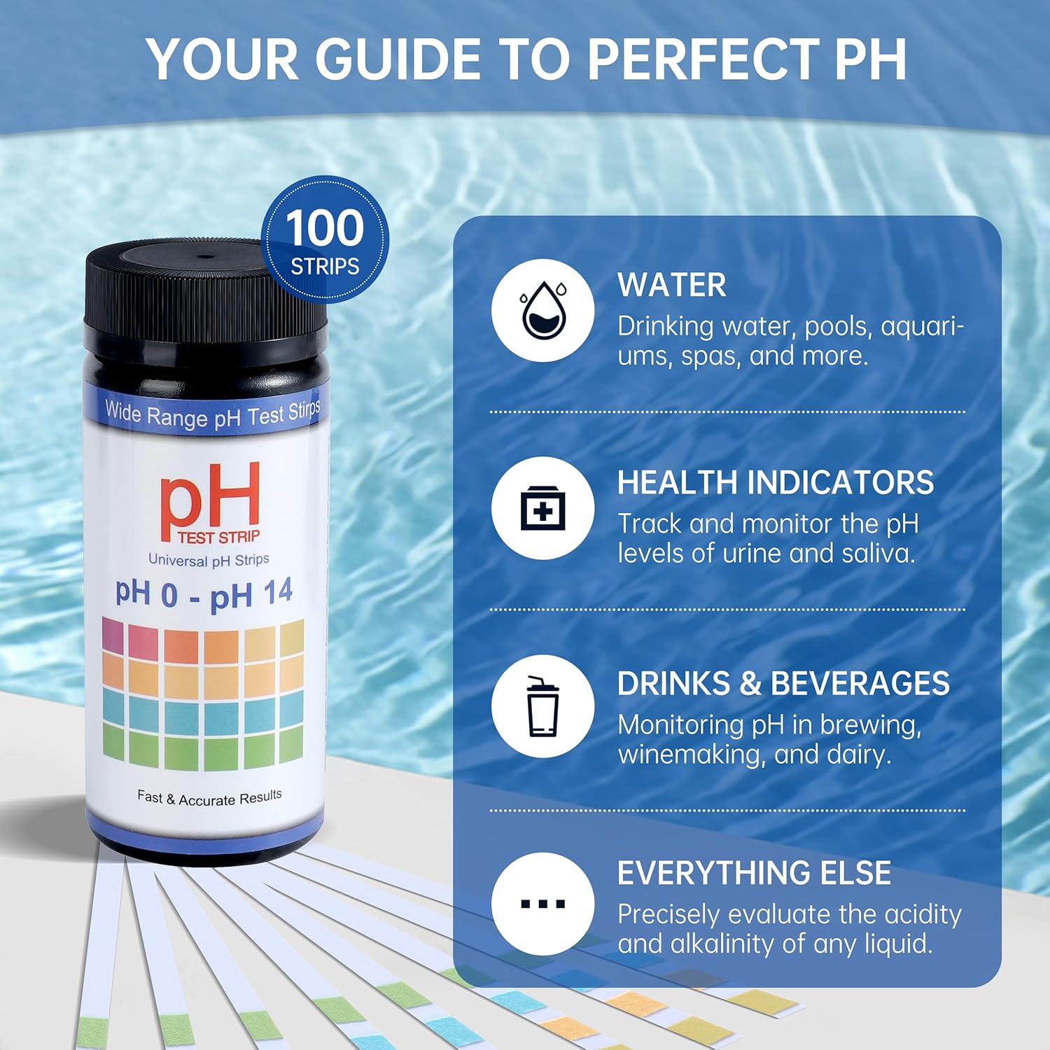 AAwipes pH Test Strips 0-14: 100 Strips Universal Litmus Paper pH Test Strips for Liquid Testing & Water & Food and Urine and Saliva, pH Level Testing from 0-14 Fast Results in Seconds (K05-1000)