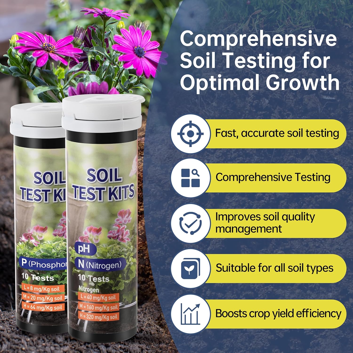 Soil Test Kit 4-in-1 Soil Testing Kit- 40 Tests Gardening for pH Nitrogen Phosphorus & Potassium for Vegetables Garden Nutrients( J04-40，statting from 1000 strips for 10 bottles)