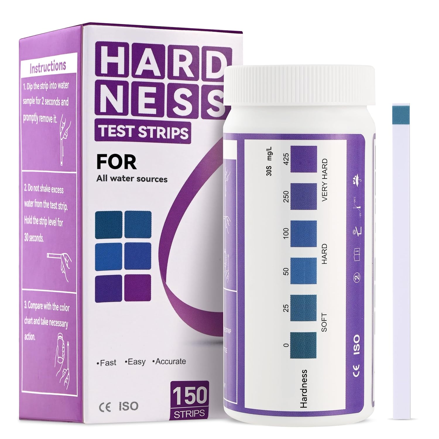 Water Hardness Test Kit 0-425 pmm Hard Water Test Strips - Ultimate Test Kit for for Home, Drinking, Well, Spa, Swimming Pool, Softener (Starting from 1500 strips for 10 bottles)