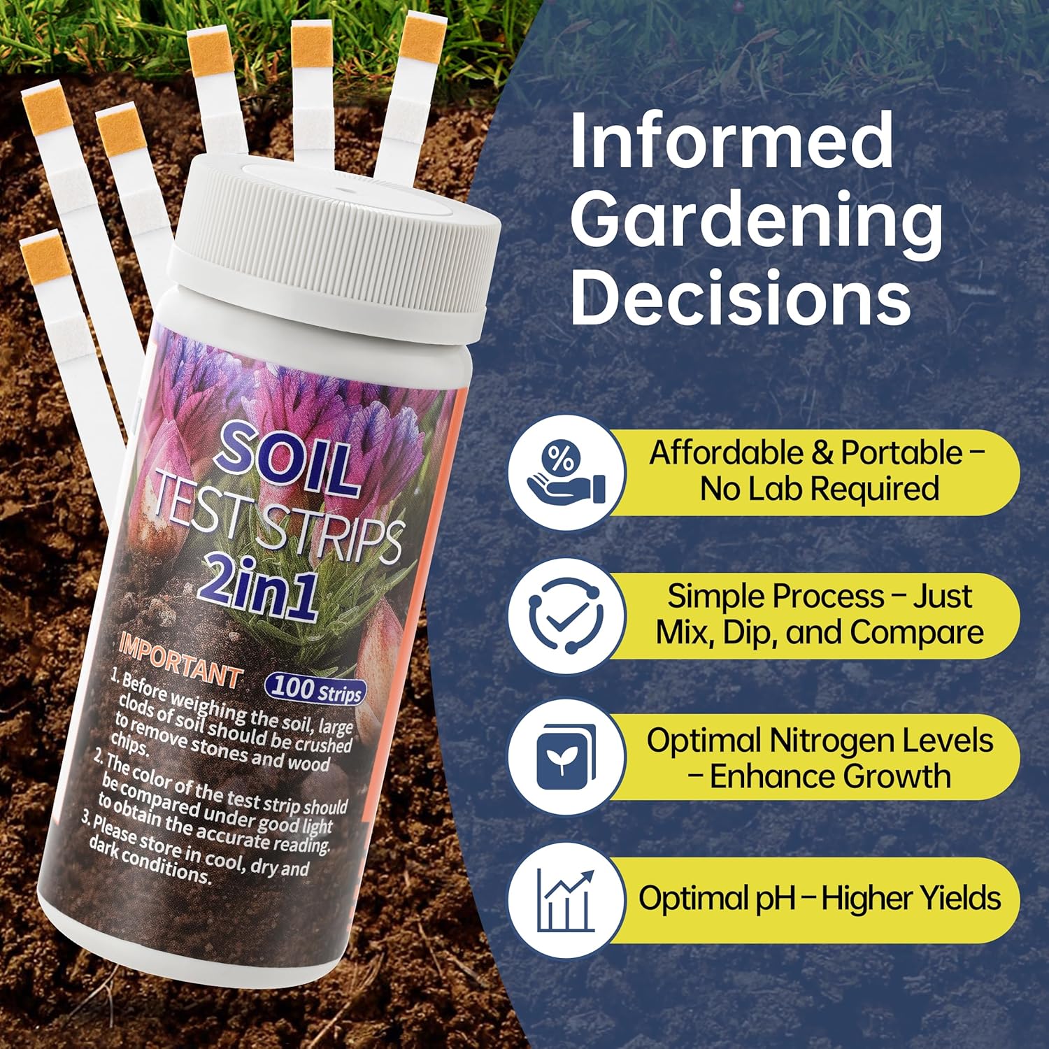 Soil pH &amp; Nitrogen Test Kits 2 in 1 Soil Testing Kits with Test Tube 100 Pcs Test Soil for Garden Lawn Grass Flower Vegetable Compost Nutrients Plants（J02-1000, Starting from 1000 strips for 10 bottles）