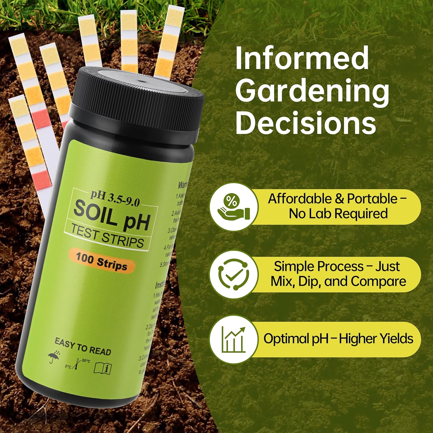 Soil pH Test Kit (3.5-9 Range) 100 Strips ph Soil Tester for Acidity and Alkalinity of Garden Lawn Grass Flower Vegetable Compost Nutrients Plants(J01-1000, Starting from 1000 strips for 10 bottles)