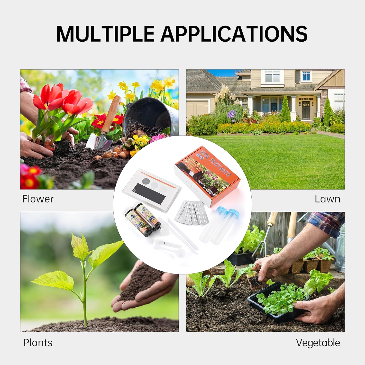 Soil Test Kit 4-in-1 Soil Testing Kit- 40 Tests Gardening for pH Nitrogen Phosphorus & Potassium for Vegetables Garden Nutrients( J04-40，statting from 1000 strips for 10 bottles)