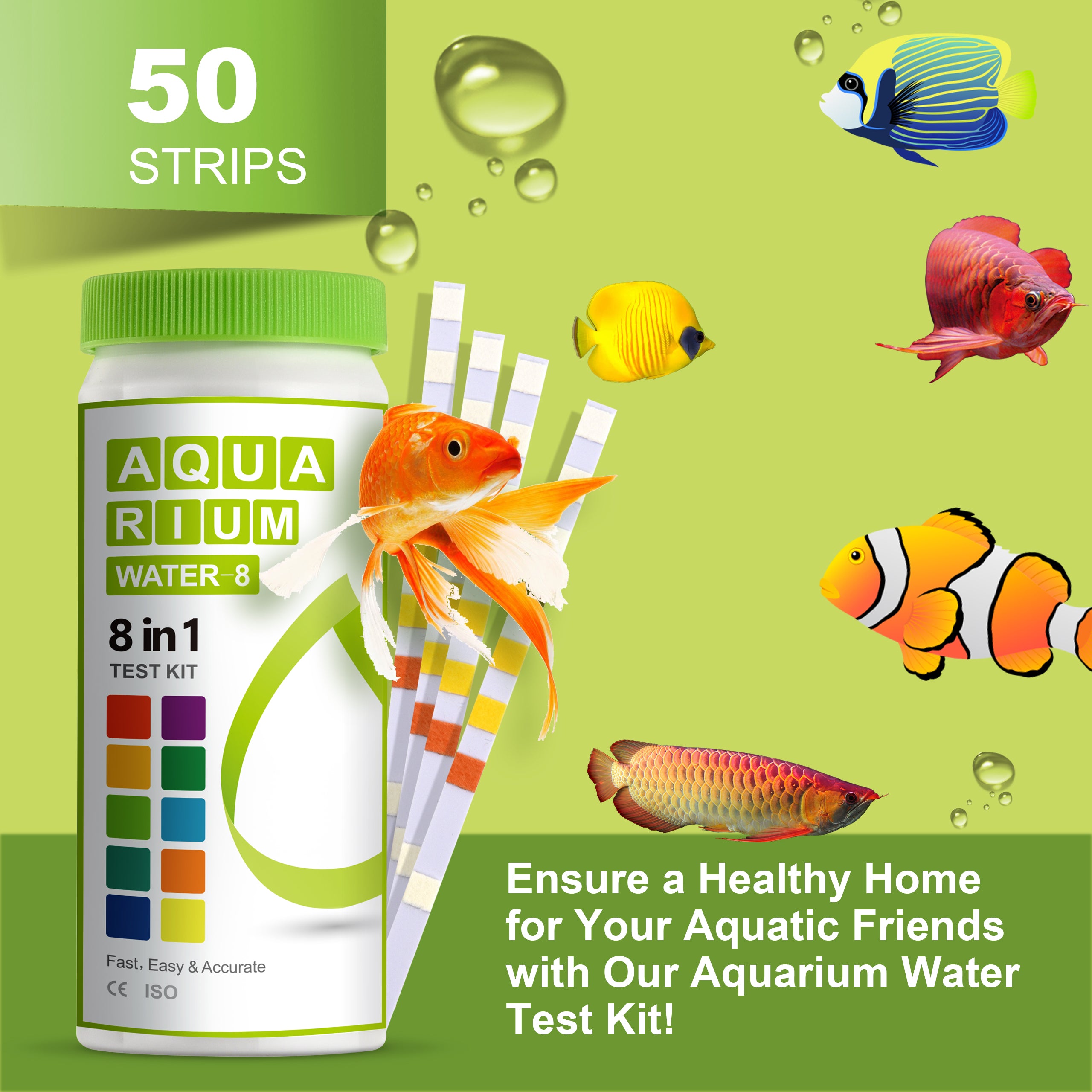 8-in-1 Aquarium Test Kit for Fish Tanks - Quick & Accurate Water Testing Strips for Aquariums & Ponds. Tests pH, Ammonia, Alkalinity, Hardness, Chlorine, etc. (K02-500)