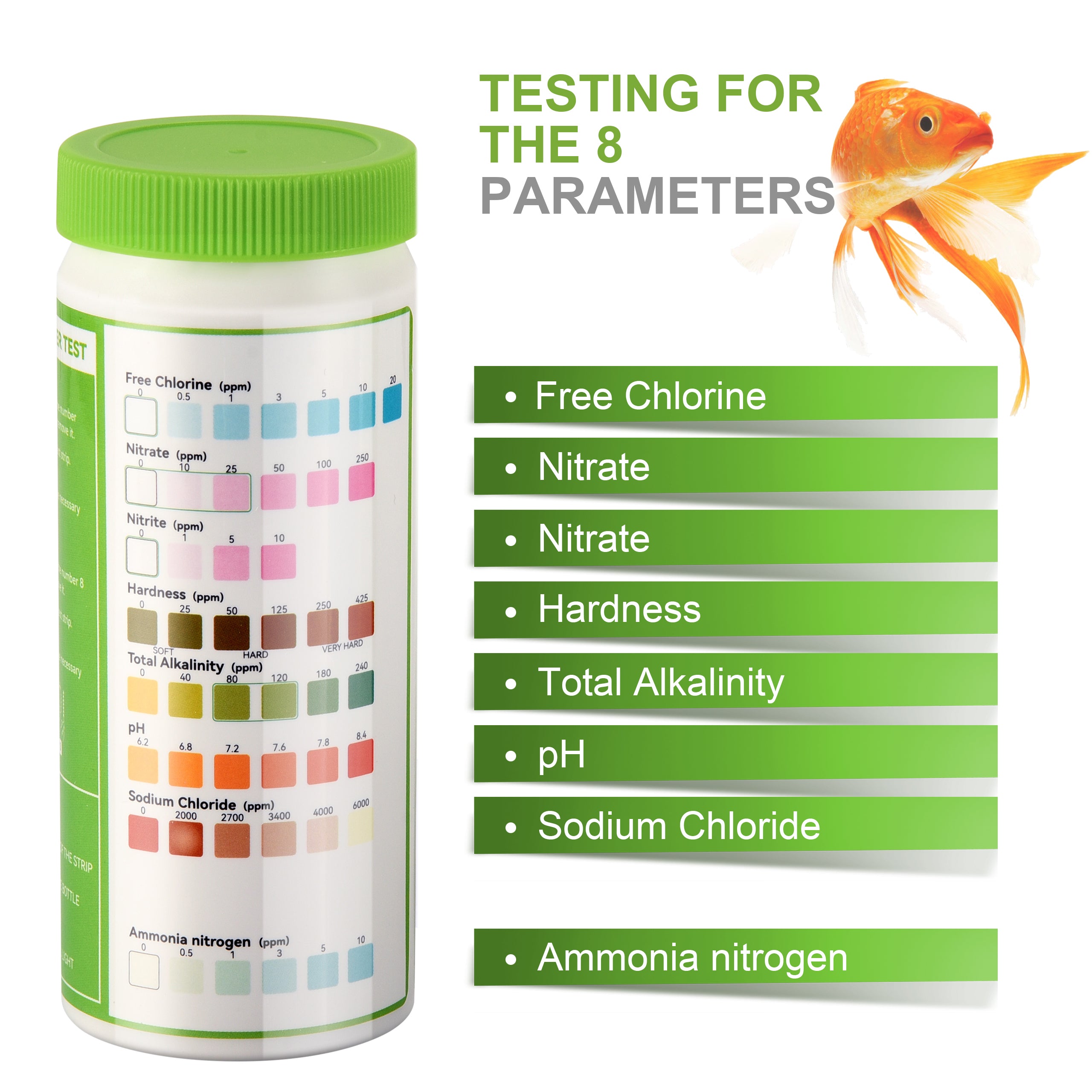 8-in-1 Aquarium Test Kit for Fish Tanks - Quick & Accurate Water Testing Strips for Aquariums & Ponds. Tests pH, Ammonia, Alkalinity, Hardness, Chlorine, etc. (K02-500)