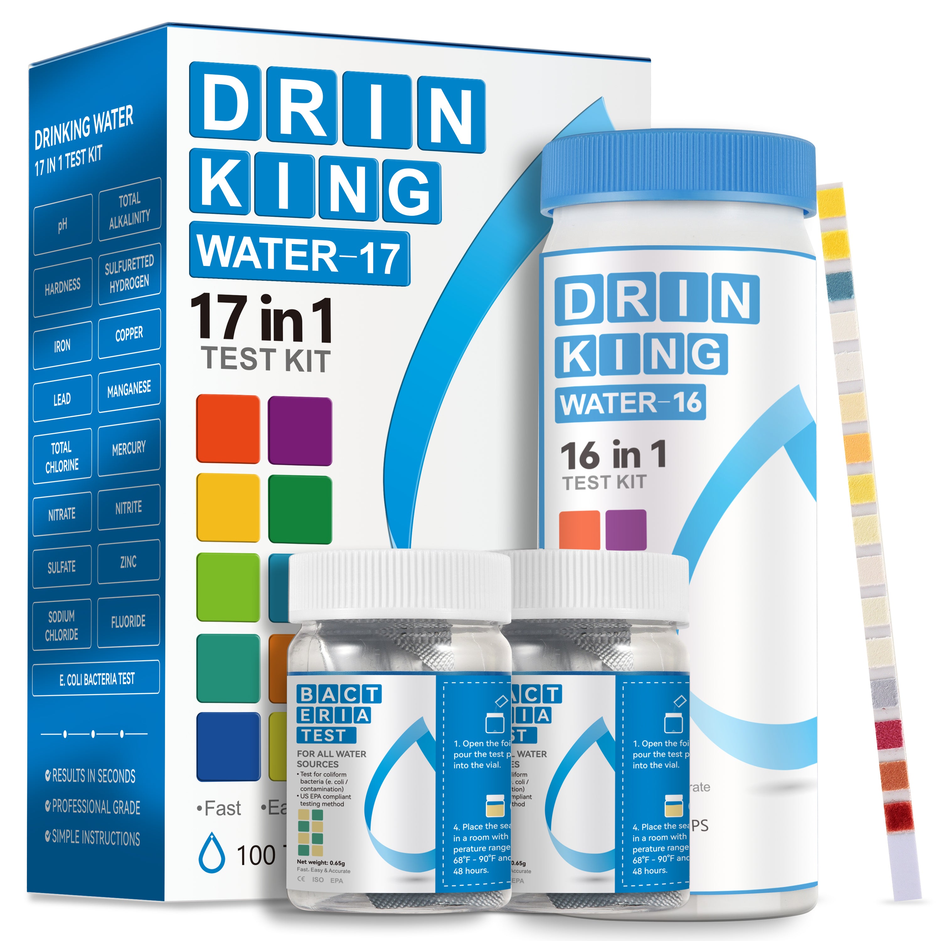 Complete Water Testing Kits for Drinking Water 100 Strips + 2 Bacteria Tester Kits 17 in 1 Well, Tap, Drinkling Water, City Water Testing Strips (K03-1000)